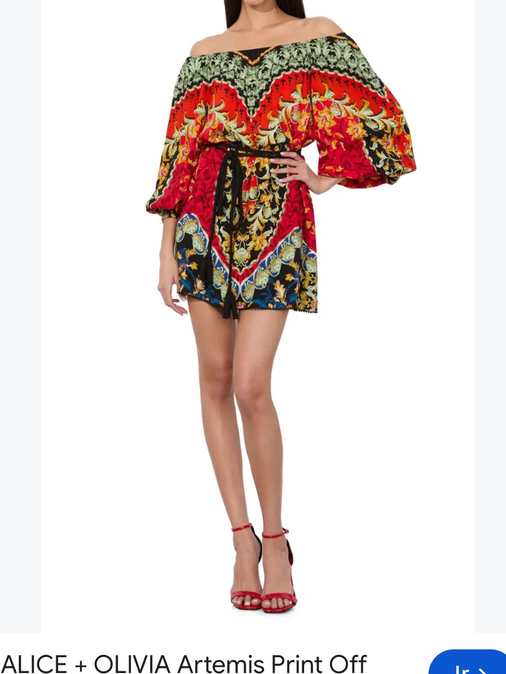 Alice and Olivia Artemis Print Off the Shoulder Long Sleeve Belted Minidress